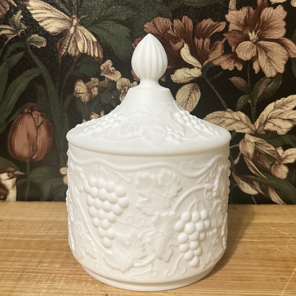 Vintage Imperial White Milk Glass Grape Vines Leaves Candy Canister Jar with Lid